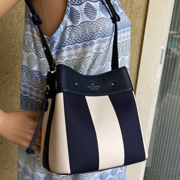 Kate Spade Marti Small Bucket Bag Even Stripe Blazer Blue - Picture 14 of 16